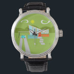 Retro Palm Springs House Black Leather Watch<br><div class="desc">This Retro Palm Springs House with Car Black Leather Watch is a mid century modern lover’s dream. The minimalist art design features a sleek orange and glass house with a dramatically sloping checkmark shape roof. The red door offsets the orange stone planter filled with greenery and the decorative turquoise cinderblock...</div>