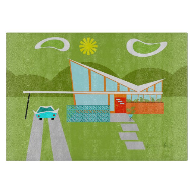 Retro Palm Springs House Glass Cutting Board (Front)