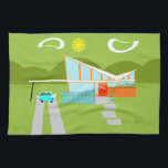 Retro Palm Springs House Kitchen Towel<br><div class="desc">This Retro Palm Springs House with Car Kitchen Towel is a mid century modern lover’s dream. The minimalist art design features a sleek orange and glass house with a dramatically sloping checkmark shape roof. The red door offsets the orange stone planter filled with greenery and the decorative turquoise cinderblock privacy...</div>