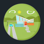 Retro Palm Springs House Round Magnet<br><div class="desc">This Retro Palm Springs House with Car Round Magnet is a mid century modern lover’s dream. The minimalist art design features a sleek orange and glass house with a dramatically sloping checkmark shape roof. The red door offsets the orange stone planter filled with greenery and the decorative turquoise cinderblock privacy...</div>