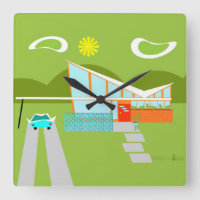 Retro Palm Springs House Square Wall Clock