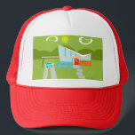 Retro Palm Springs House Trucker Hat<br><div class="desc">This Retro Palm Springs House with Car Trucker Hat is a mid century modern lover’s dream. The minimalist art design features a sleek orange and glass house with a dramatically sloping checkmark shape roof. The red door offsets the orange stone planter filled with greenery and the decorative turquoise cinderblock privacy...</div>
