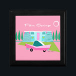 Retro Palm Springs Wooden Jewellery Keepsake Box<br><div class="desc">Between the pink background, turquoise mid century modern home, and the classic 1950s car, this design couldn’t be more Palm Springs if it said it in the clouds. Oh, wait, it does say it in the clouds! The blue and teal stone of the house is offset by the sputnik light...</div>