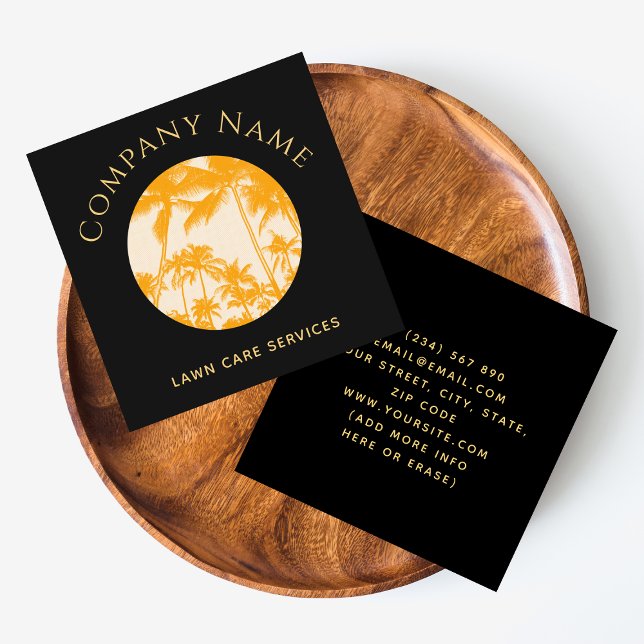 Retro Palm Tree Illustration Lawn Care Landscaping Square Business Card (Creator Uploaded)