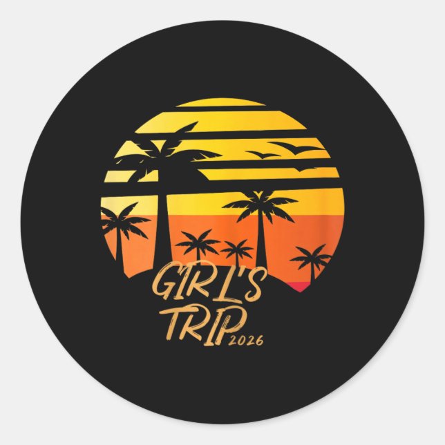 Retro Palm Tree Sunset Girl Text Design Classic Round Sticker (Front)