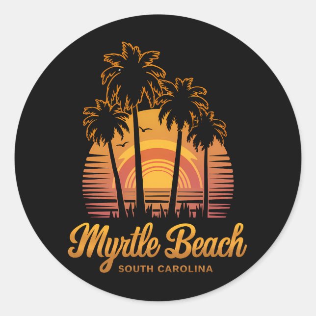 Retro Palm Tree Sunset South Carolina Myrtle Beach Classic Round Sticker (Front)