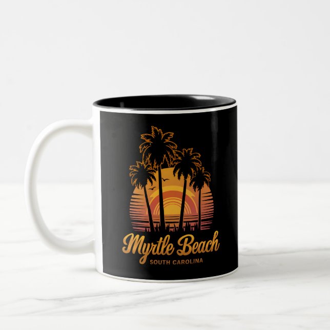 Retro Palm Tree Sunset South Carolina Myrtle Beach Two-Tone Coffee Mug (Left)