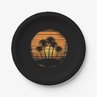 Retro Palm Tree Sunset Summer Beach Vintage Tropic Paper Plate