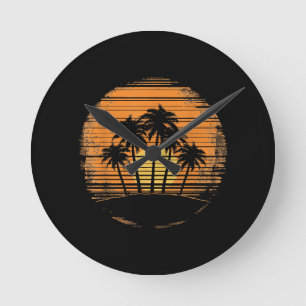 Retro Palm Tree Sunset Summer Beach Vintage Tropic Round Clock