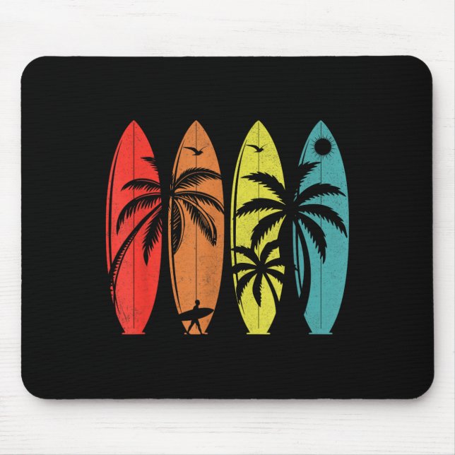 Retro Palm Tree Tropical Hawaiian Beach Surfboard Mouse Pad (Front)