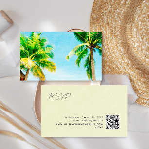 Retro Palm Trees  Beach Wedding RSVP QR Code Enclosure Card
