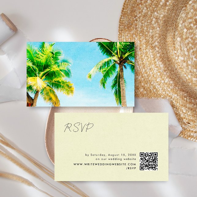 Retro Palm Trees  Beach Wedding RSVP QR Code Enclosure Card (Creator Uploaded)