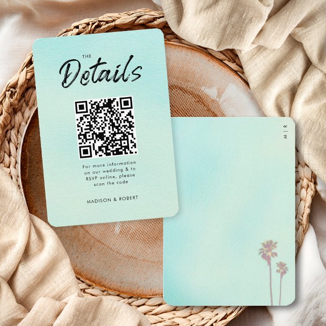 Retro Palm Trees  Beach Wedding Website QR Code Enclosure Card (Creator Uploaded)