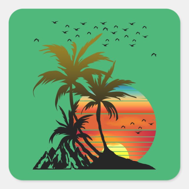 Retro Palm Trees Mountain Sunset  Square Sticker (Front)