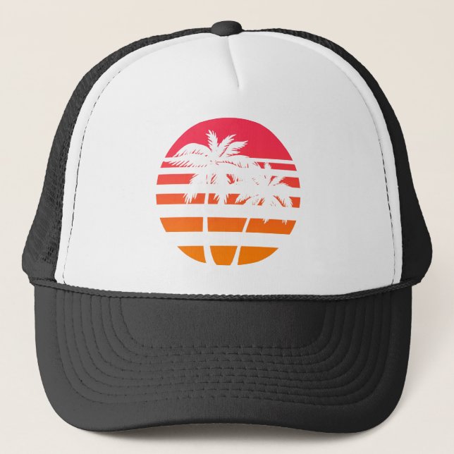 Retro Palm Trees Sunset Graphic Trucker Hat (Front)