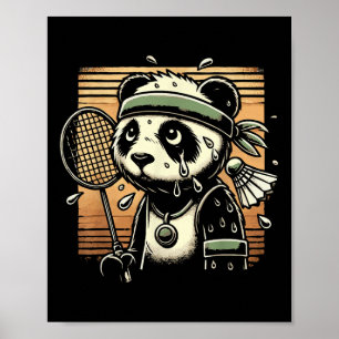 Retro Panda Badminton Player Racket Shuttle Poster