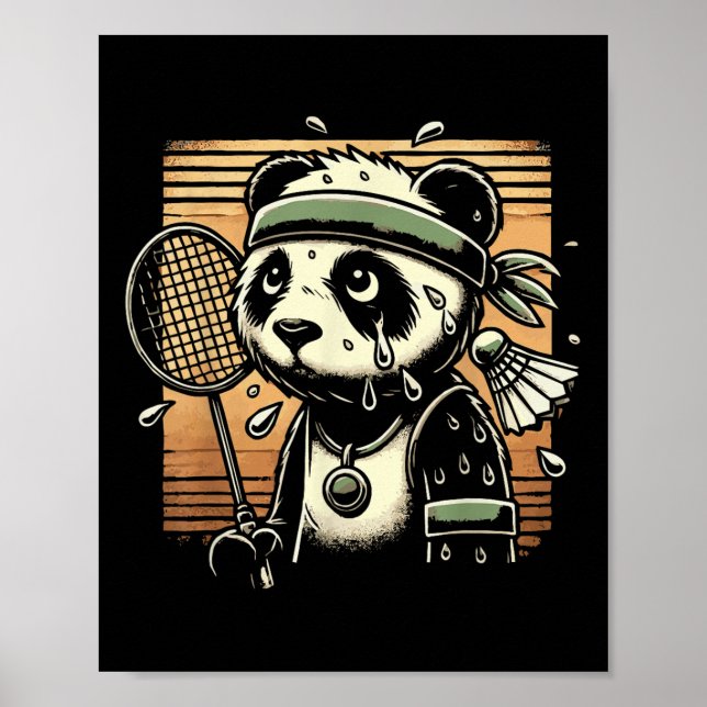 Retro Panda Badminton Player Racket Shuttle  Poster (Front)