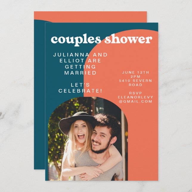 Retro Papaya and Peacock Blue Photo Couples Shower Invitation (Front/Back)
