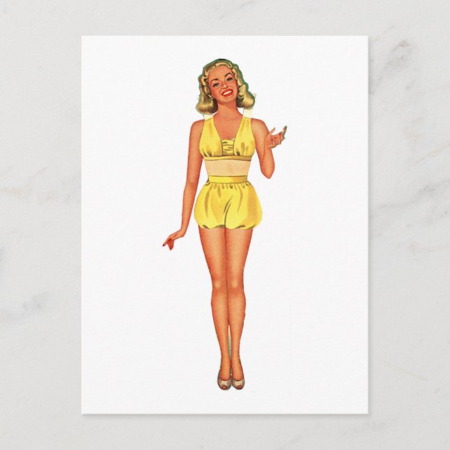 Retro Paper Doll Lady Dressed in Yellow Postcard (Front)