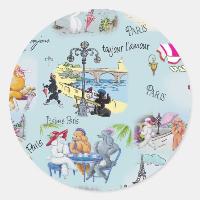 Retro Paris Poodle Collage Classic Round Sticker (Front)