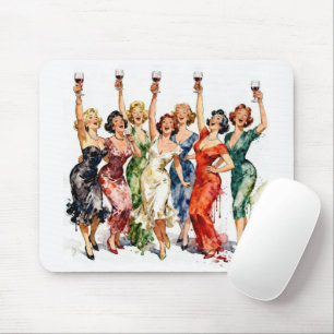 Retro Party Ladies with Red Wine Mouse Pad