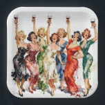 Retro Party Ladies with Red Wine Paper Plate<br><div class="desc">A cheerful group of women in elegant party dresses is joyfully raising their glasses of red wine,  celebrating together at a festive gathering that captures a delightful retro vibe.</div>