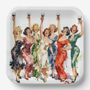 Retro Party Ladies with Red Wine Paper Plate