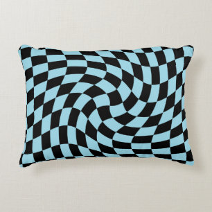 Retro Pastel Blue Black Warped Check Chequered Decorative Cushion