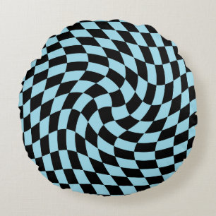 Retro Pastel Blue Black Warped Check Chequered  Round Cushion