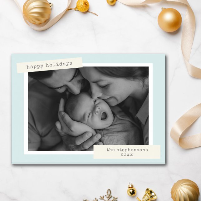 Retro Pastel Blue Custom Photos Family Christmas Holiday Card (Creator Uploaded)
