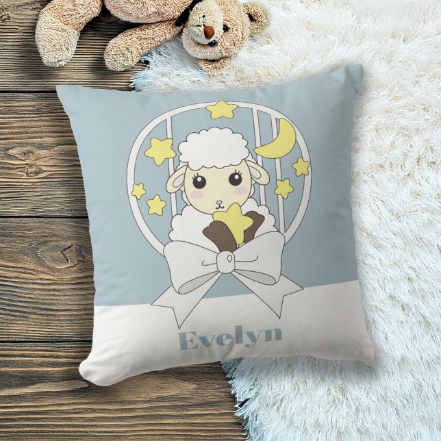 Retro Pastel Blue Cute Cartoon Lamb Cushion (Creator Uploaded)