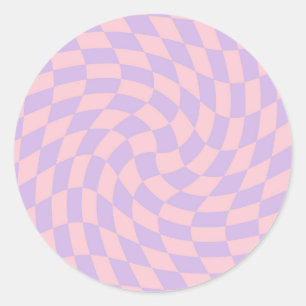 Retro Pastel Blue Pink Warped Checks Chequered Classic Round Sticker