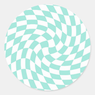 Retro Pastel Blue Warped Checks Chequered Classic Round Sticker