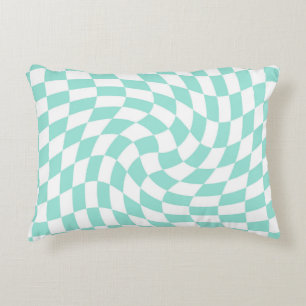 Retro Pastel Blue White Warped Check Checkered Decorative Cushion