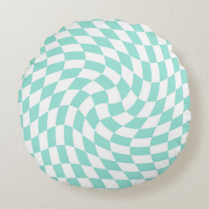 Retro Pastel Blue White Warped Check Chequered Round Cushion