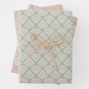 Retro pastel boho wrapping paper with sea shells