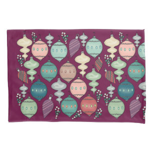 Retro Pastel Christmas Ornaments on Plum Pillowcase
