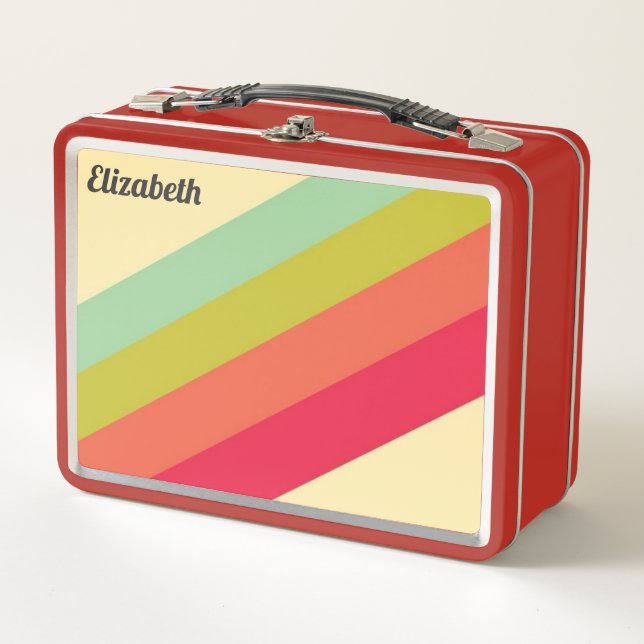 Retro Pastel Colours Rainbow Personalised Name Metal Lunch Box (Front)