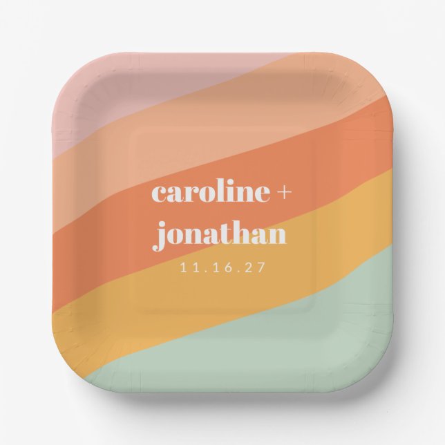 Retro Pastel Geometric Custom Wedding Mint Peach Paper Plate (Front)