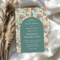 Retro pastel green dusty pink floral Art Nouveau