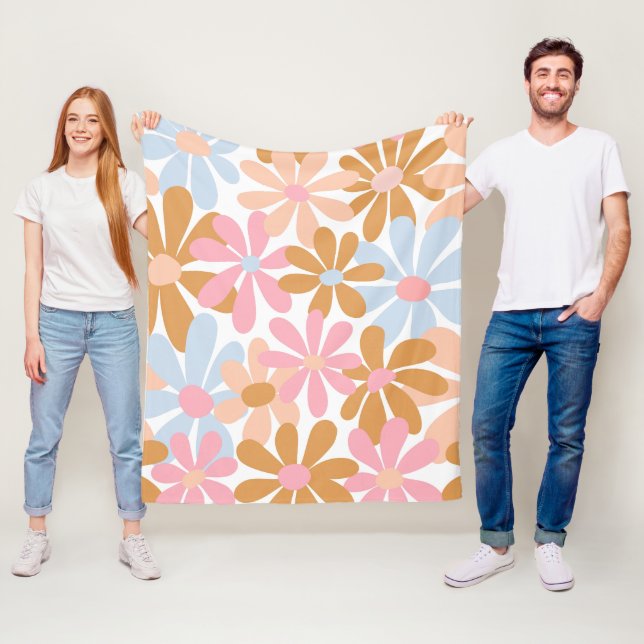 Retro Pastel Groovy Daisy Flower Pattern Fleece Blanket (In Situ)