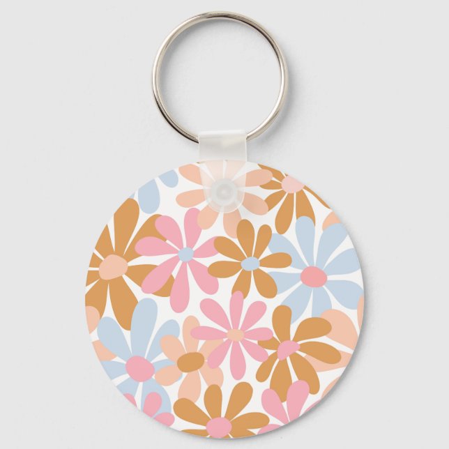 Retro Pastel Groovy Daisy Flower Pattern Key Ring (Front)