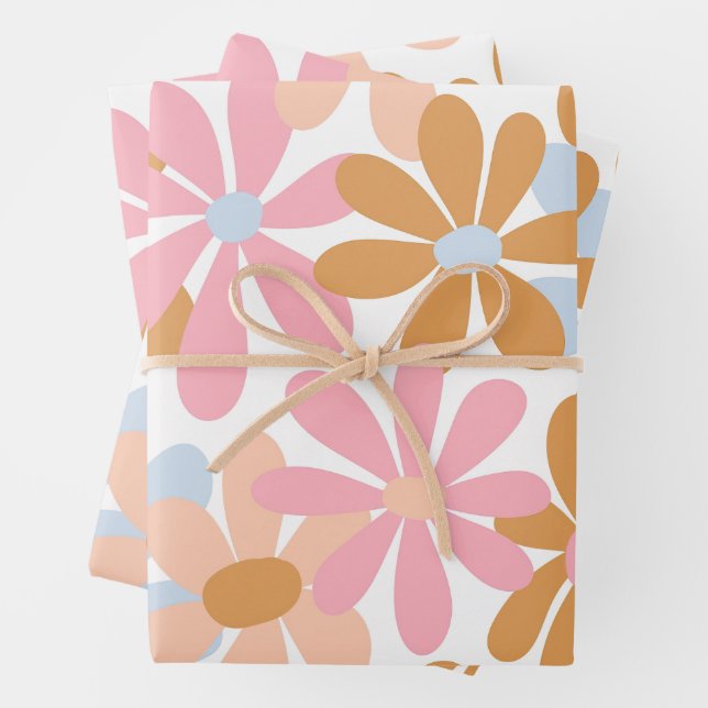 Retro Pastel Groovy Daisy Flower Pattern Wrapping Paper Sheet (In situ)
