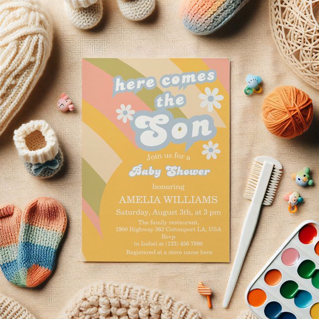 Retro Pastel Groovy Here Comes The Son Baby Shower Invitation (Creator Uploaded)
