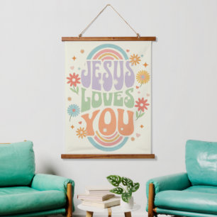 Retro Pastel “Jesus Loves You” Christian Design – Hanging Tapestry