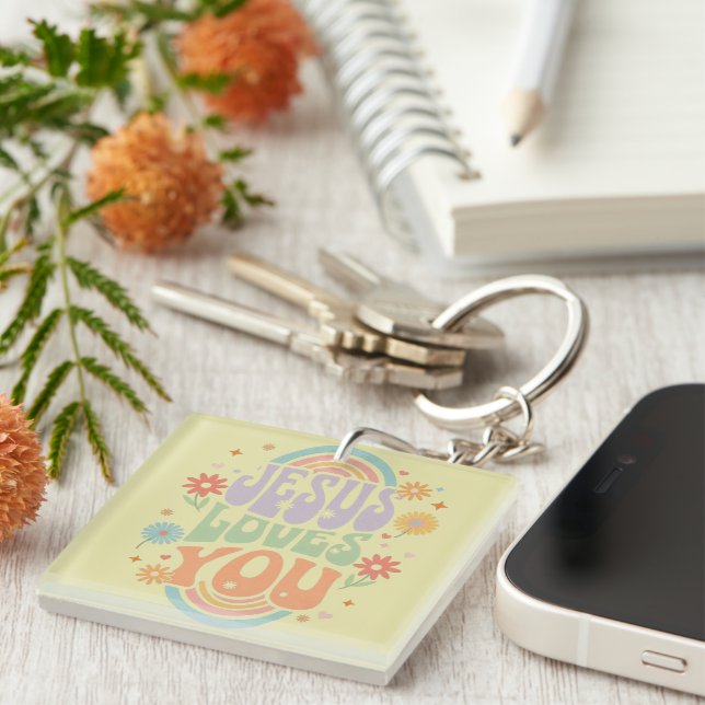 Retro Pastel “Jesus Loves You” Christian Design –  Key Ring (Front Right)