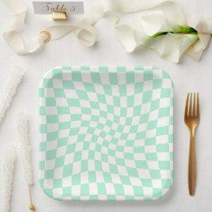 Retro Pastel Mint Green Checks Warped Checkerboard Paper Plate