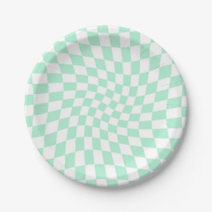 Retro Pastel Mint Green Checks Warped Checkerboard Paper Plate
