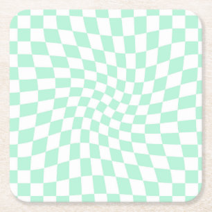 Retro Pastel Mint Green Checks Warped Checkerboard Square Paper Coaster