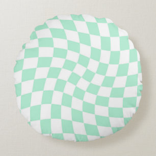 Retro Pastel Mint Green Checks Warped Chequered   Round Cushion